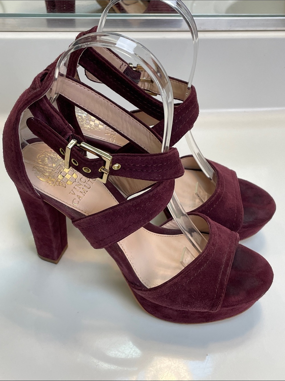 Vince Camuto Women’s Shayla Suede Leather Burgundy Crossover Straps Heels